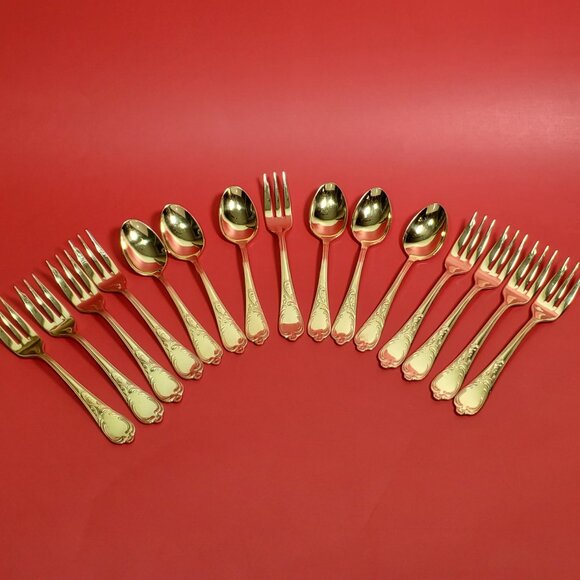 Solingen 6 Teaspoons & 9 Cake Forks 23/24K Gold Plated Stainless-Germany - Picture 1 of 10
